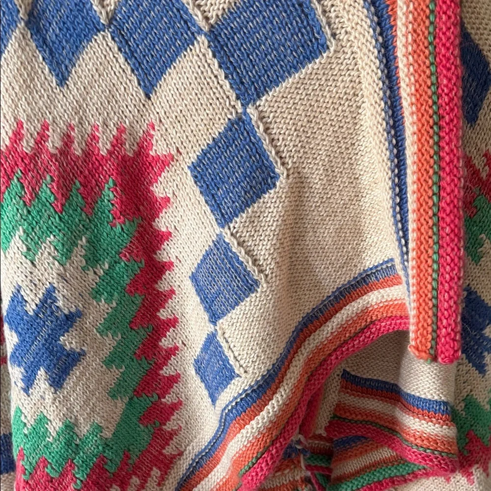 Ralph Lauren Cream Knit Throw with Blue, Green & Coral Geometric Accents